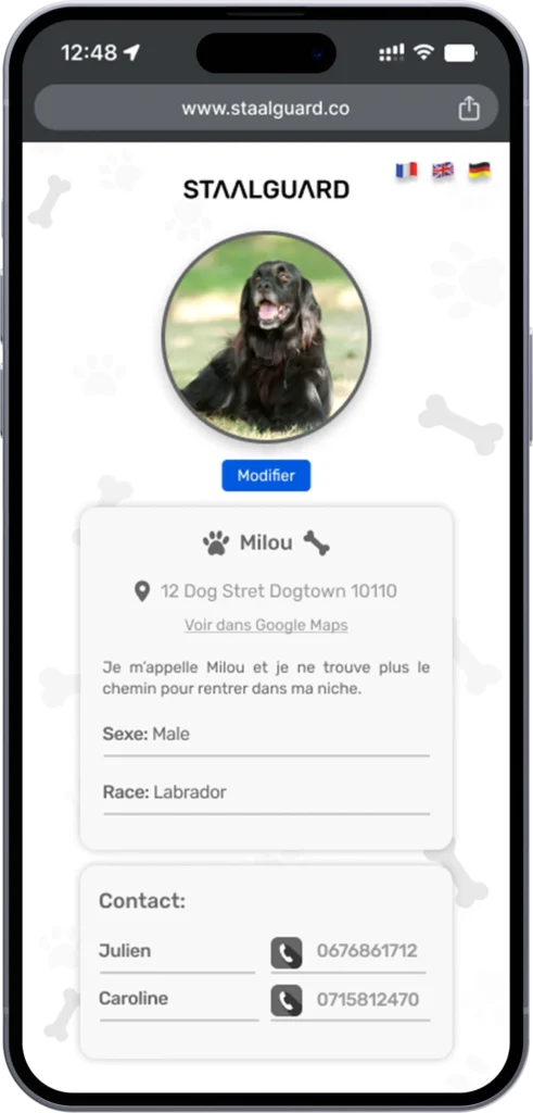 Menu principal, représentant fiche identité chien sur l'application Staalguard